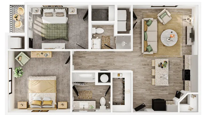 Elegant 2D floor plan showcasing two cozy bedrooms, a modern open kitchen with island seating, and a spacious living area with natural light.
