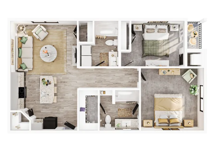 Modern 2D floor plan showcasing a chic two-bedroom apartment with an open-concept living room, sleek kitchen island, elegant bathrooms, and a cozy dining area.