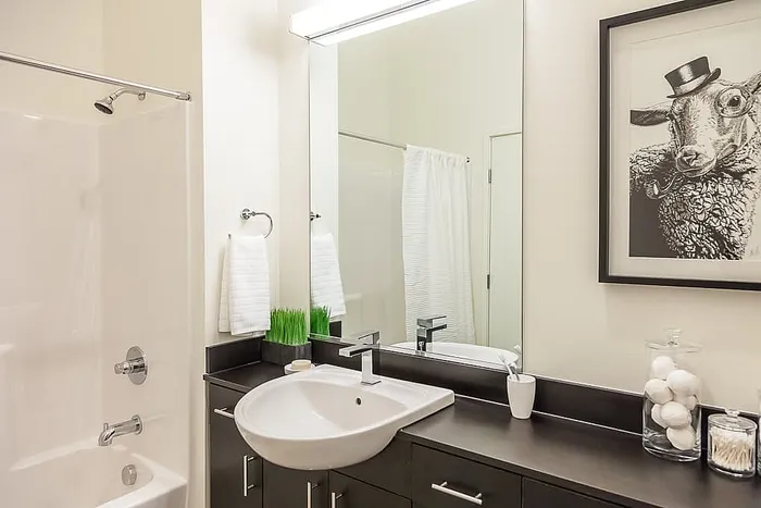Contemporary bathroom with elegant vanity, sleek mirror, and playful art piece, creating a stylish and inviting space.