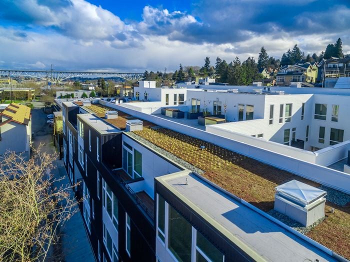 Sustainable urban apartments with green rooftops, panoramic city views, and modern architectural design.