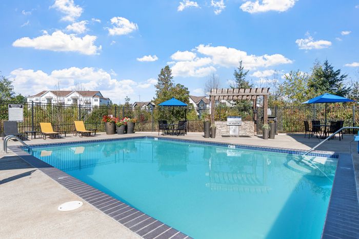 Luxurious outdoor pool area with lounge chairs, vibrant flowers, and a charming pergola under a clear blue sky.