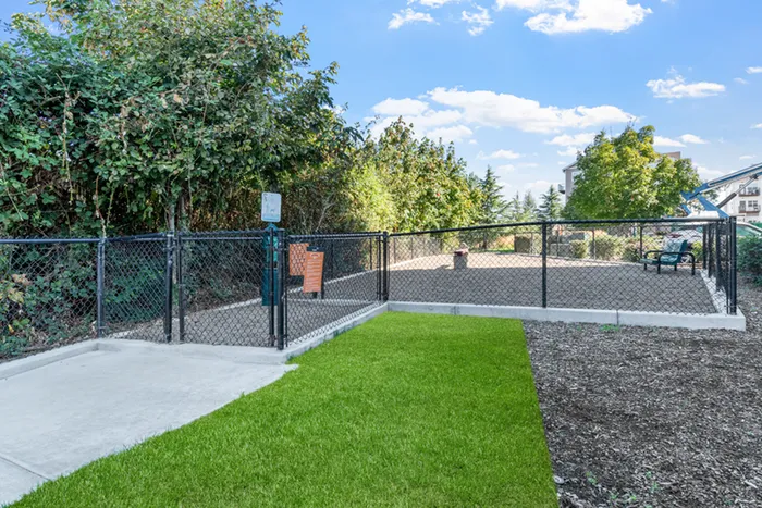 Charming fenced outdoor area with lush greenery, perfect for relaxation with your furry pet.