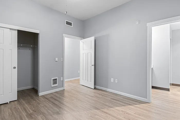 Bright and inviting room with elegant hardwood floors, sleek gray walls, and ample closet space.