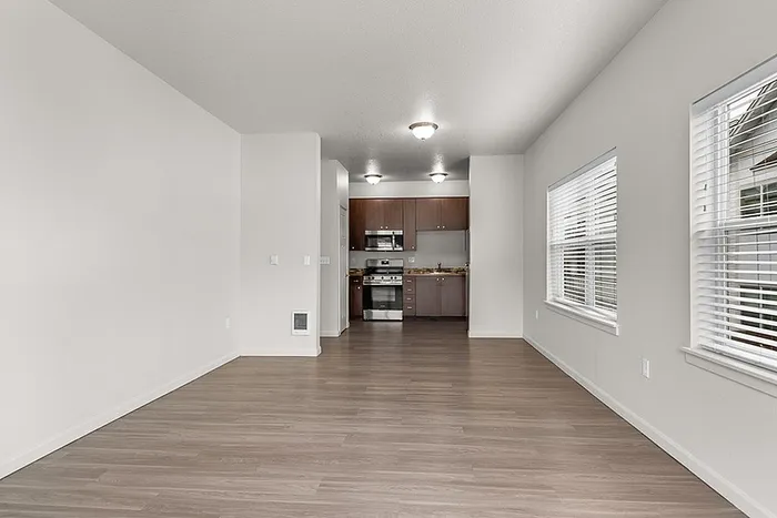 Bright open-concept apartment featuring modern kitchen, sleek hardwood floors, and abundant natural light.