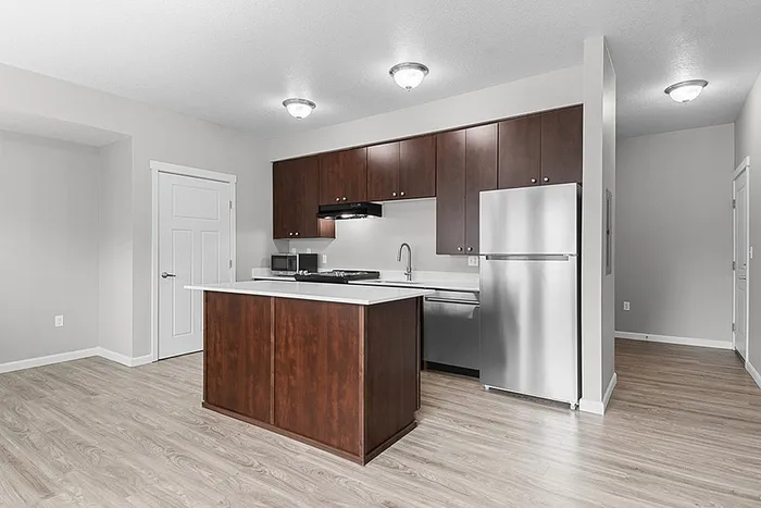 Modern kitchen with sleek wooden cabinetry, stainless steel appliances, and a stylish island, perfect for culinary enthusiasts.