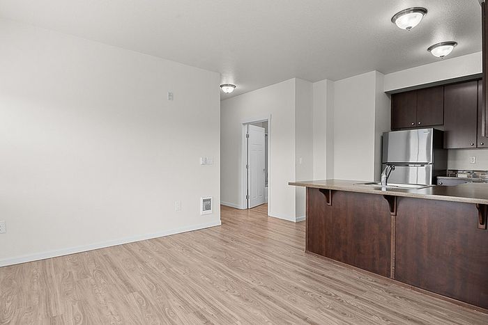 Modern open-concept apartment with sleek wood floors, a stylish kitchen, and bright natural lighting.