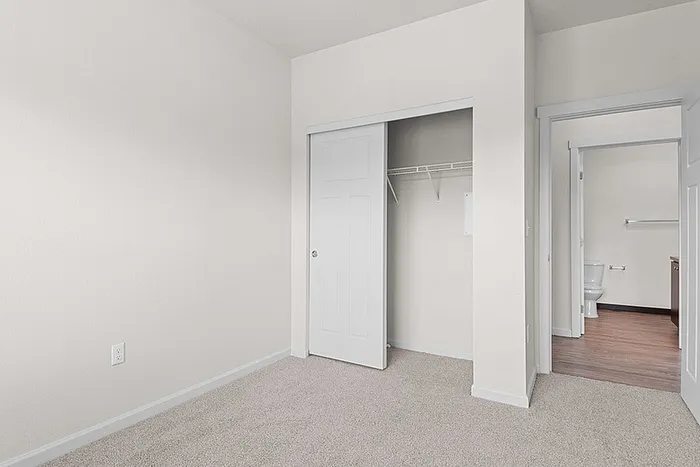 Bright and welcoming bedroom with spacious closet and adjacent modern bathroom, perfect for comfortable living.