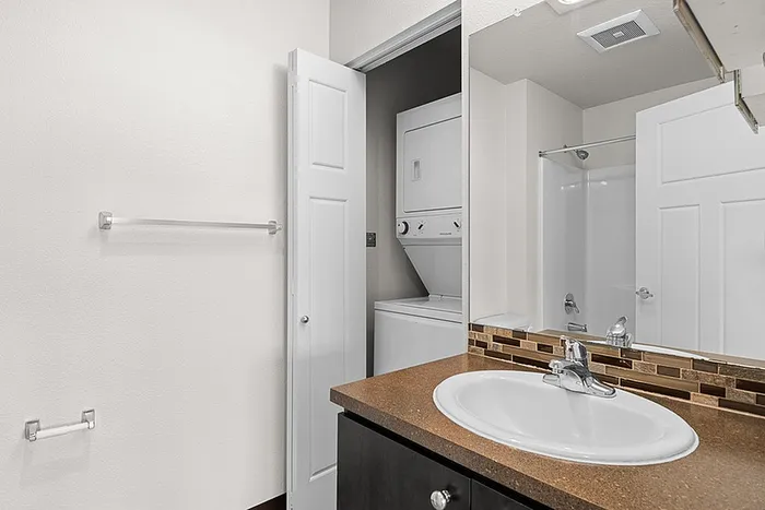 Contemporary bathroom with sleek vanity, built-in washer and dryer, and a spacious shower area—perfect for modern living convenience.