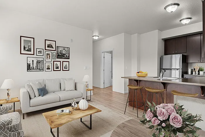 Chic apartment living room with elegant decor, cozy sofa, and modern kitchen featuring stainless steel appliances and inviting bar stools.