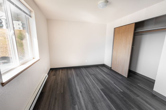 Bright and inviting bedroom with elegant dark wooden flooring, ample natural light from a large window, and spacious closet with sliding doors.