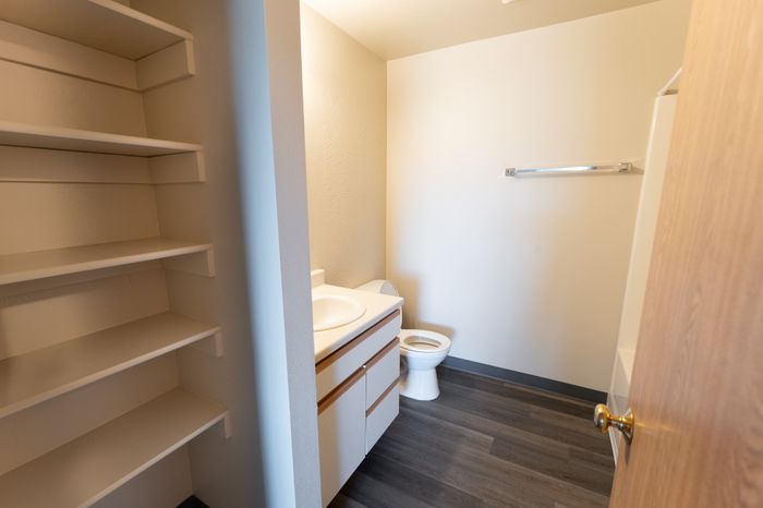Modern bathroom with elegant shelving, sleek vanity, and premium flooring.
