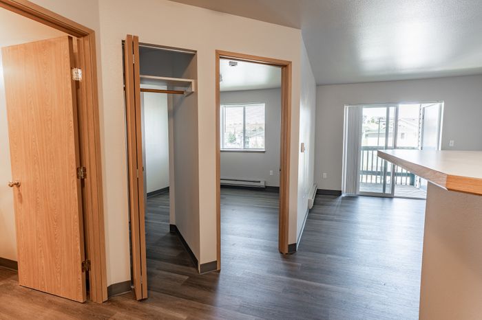 Bright apartment interior with wood floors, open closet, and sliding doors leading to a balcony with scenic views.
