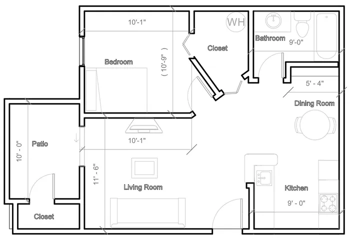 Charming floor plan featuring 1 bedroom, open living and dining area, modern kitchen, and inviting patio space.