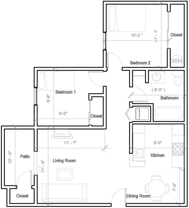 Elegant floor plan showcasing 2 cozy bedrooms, a spacious living room, a modern kitchen, dining room, and a relaxing patio.