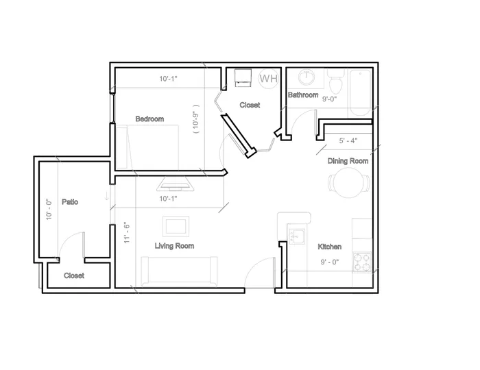 Modern floor plan featuring a cozy 1-bedroom layout with a spacious living room, an inviting dining area, a functional kitchen, and a private patio.