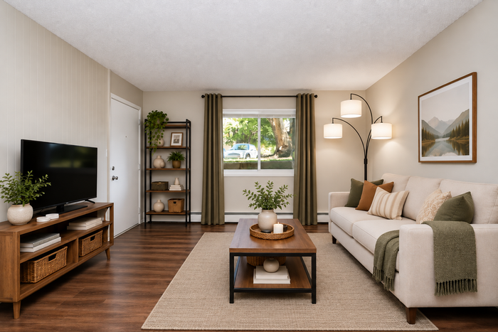 Inviting living room with cozy beige sofa, stylish wooden coffee table, elegant bookshelf, large TV, and warm lighting. Perfect for relaxing afternoons.