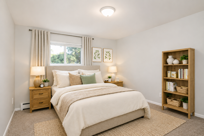 Inviting bedroom with a plush beige bed, warm wooden furniture, and elegant decor, perfect for relaxation.