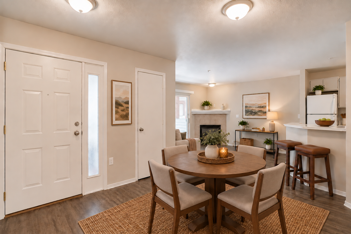 Inviting living area showcasing elegant dining space, cozy fireplace, and modern kitchen bar with stools.