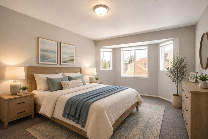 Bright and inviting bedroom with large windows, stylish wooden furniture, and soothing decor for a tranquil living space.
