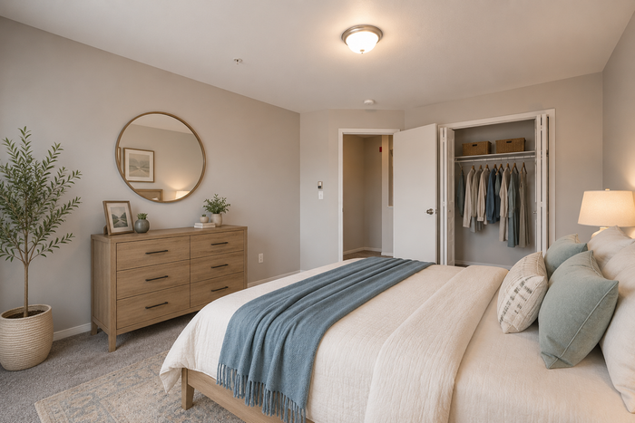 Inviting bedroom with modern decor, featuring a cozy bed, stylish dresser, and open closet in a softly lit space.