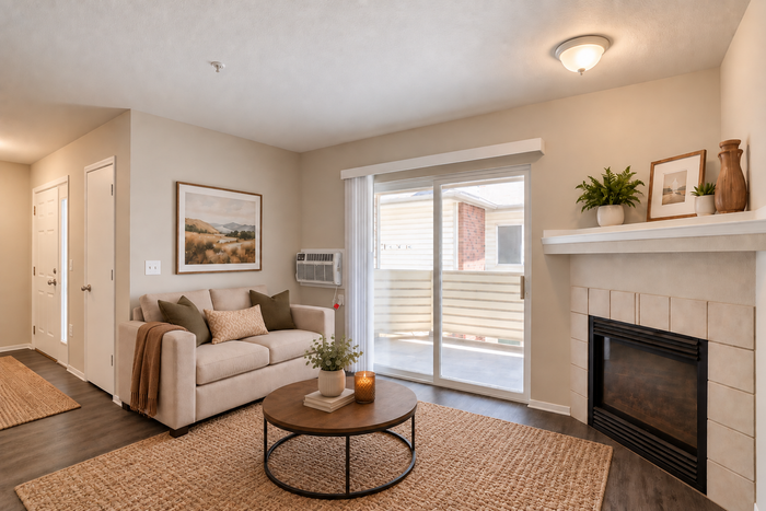 Inviting living room with cozy neutral tones, featuring a plush sofa, elegant fireplace, and large sliding glass doors opening to a private balcony.