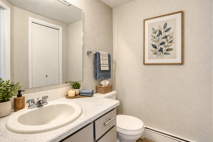 Elegant bathroom with modern vanity, lush green plant decor, and stylish artwork, offering a serene retreat.