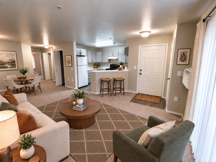 Inviting open-concept living space featuring a cozy sitting area, stylish dining set, and modern kitchen with bar seating.