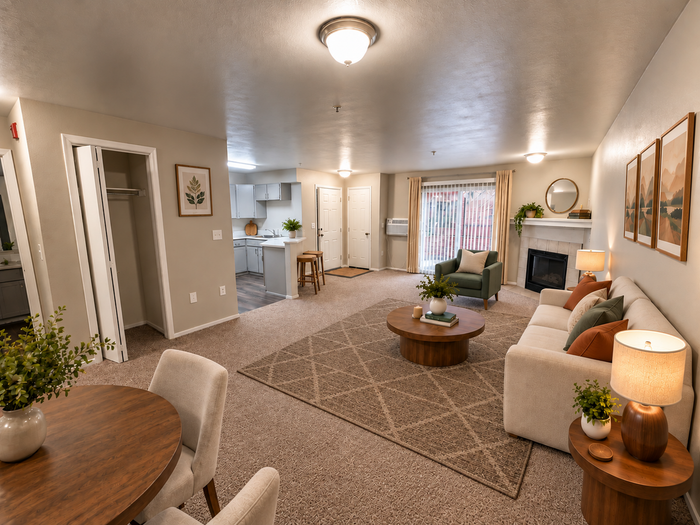 Inviting living room with elegant decor, featuring a cozy fireplace, plush seating, and an open kitchen view, perfect for comfort and style.