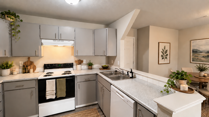 Elegant kitchen with modern grey cabinetry, sleek countertops, and inviting dining area, accentuated by lush green plants and warm lighting.