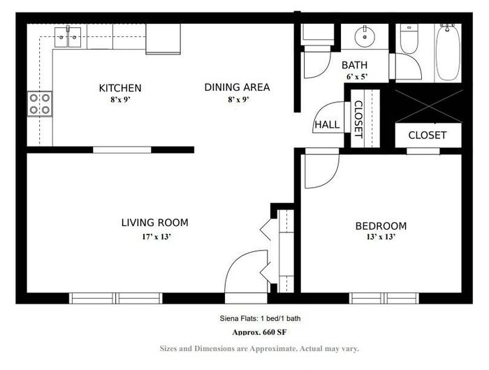 1 bed 660 sqft