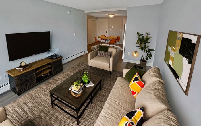 Open-concept apartment living room at Winchester Arms