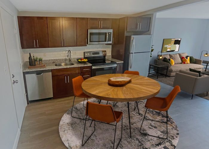 Renovated kitchen with stainless steel appliances at Winchester Arms in Dover, NH