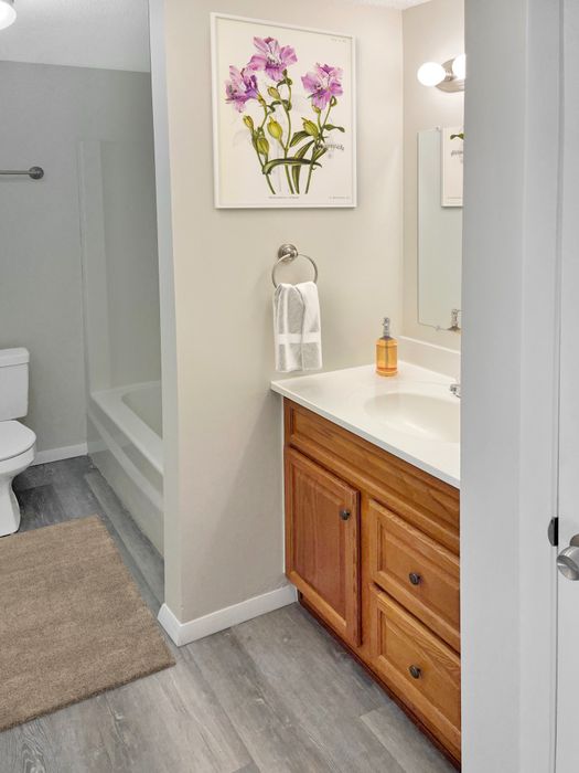 Bathroom with vanity, wood cabinetry, and tub-shower combination at Meadowbrook Village in Gardner, Massachusetts