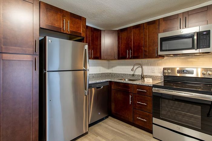 Modern kitchen with sleek stainless steel appliances, elegant dark wood cabinets, and stylish granite countertops.