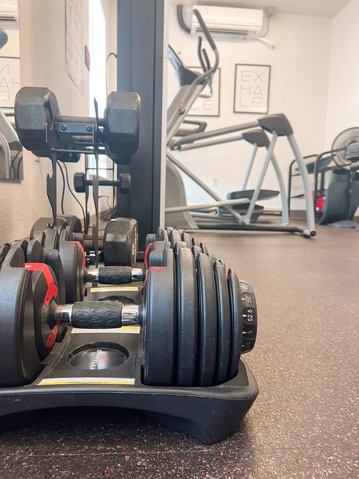 Modern apartment gym with adjustable dumbbells, a treadmill, and motivational decor.
