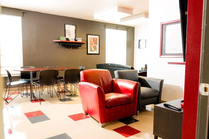 Inviting apartment living area featuring a bold red armchair, modern gray seating, and a stylish dining table with chairs under ample natural light.