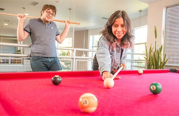 Two friends enjoying a game of pool in a bright, modern recreation room with large windows and cozy ambiance.