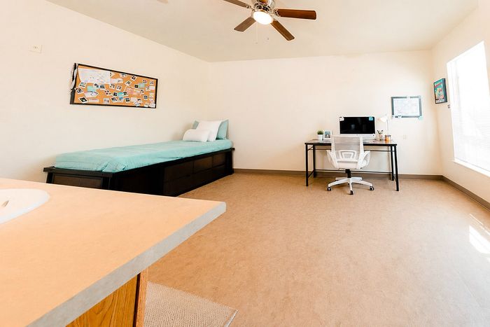 Bright, spacious room featuring a cozy bed, stylish desk with an office chair, large window, and elegant ceiling fan.