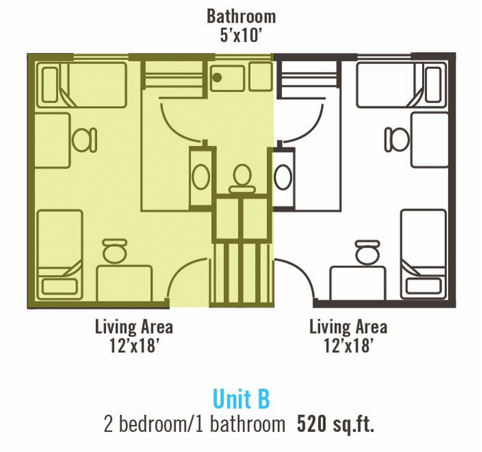 Unit B floor plan with 2 bedrooms, 1 bathroom, and two spacious living areas in a compact 520 sq. ft. layout.
