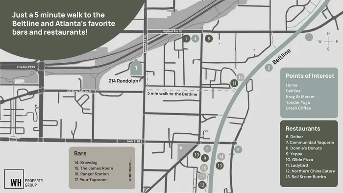 Map highlighting prime location at 214 Randolph, just a 5-minute walk to the Beltline. Surrounded by Atlanta's best bars and restaurants, including Brewdog, Krog St Market, and Ladybird.