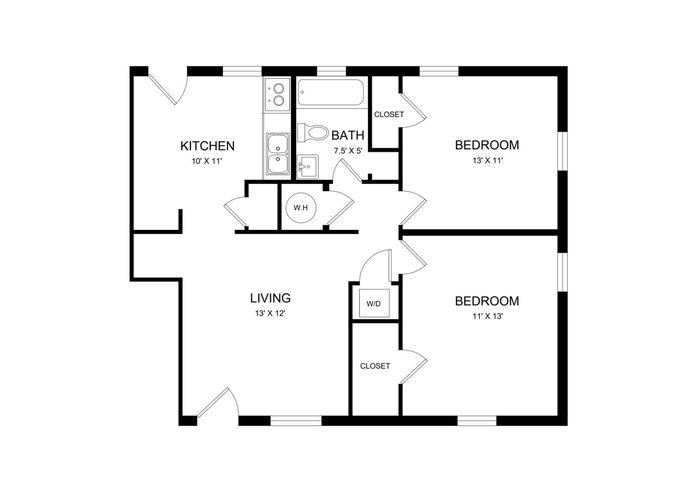 Inviting floor plan showcasing an efficiently designed space with 2 bedrooms, a modern kitchen, cozy living area, and a well-appointed bath.