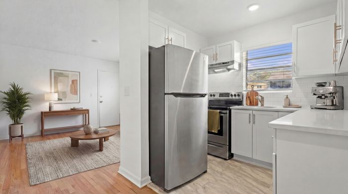 Modern apartment interior with a sleek kitchen featuring stainless steel appliances, white cabinetry, and cozy decor in an open living area.