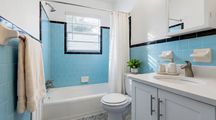 Charming bathroom with retro blue tiles, modern fixtures, and abundant natural light.