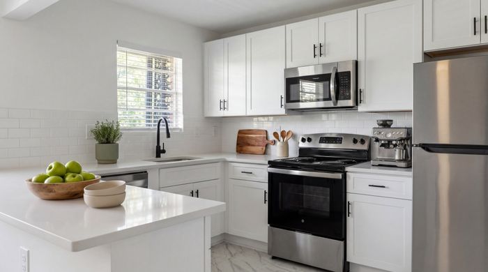 Chic modern kitchen with sleek white cabinets, stainless steel appliances, and elegant countertop decor.