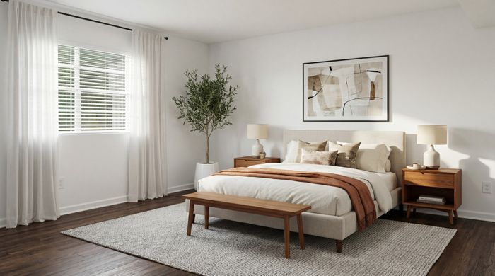 Elegant bedroom with a cozy bed, stylish wooden furniture, large window, and modern artwork creating a serene ambience.