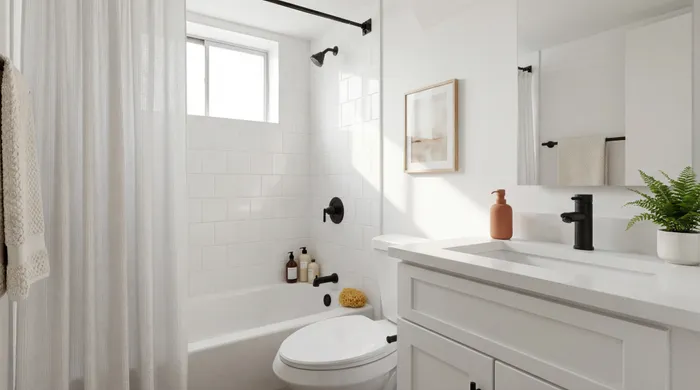 Modern bathroom with sleek design, featuring a white bathtub, stylish black fixtures, and a refreshing potted plant on the vanity.