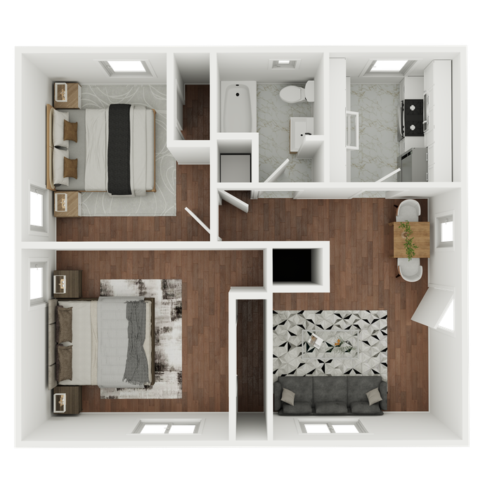 Modern 2D floor plan featuring 2 bedrooms, a sleek kitchen, cozy living room, and elegant bathroom with stylish design.