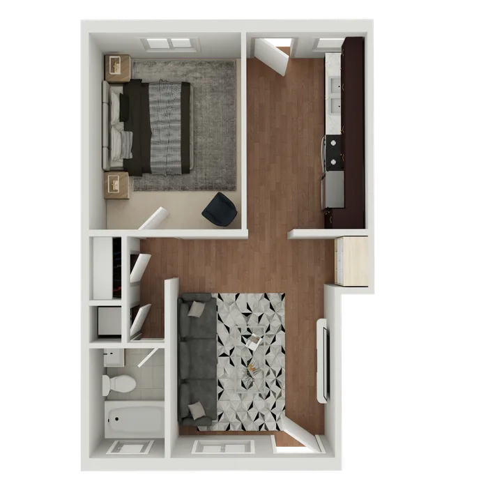 Inviting 3D floor plan with spacious bedroom, modern kitchen, cozy living room, and elegant bathroom layout.