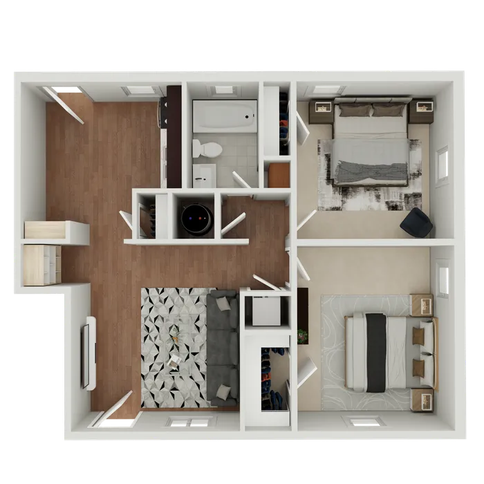 Modern 3D floor plan showcasing 2 spacious bedrooms, stylish living area, and a contemporary kitchen with wood flooring.