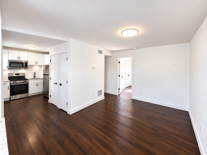 Contemporary apartment interior featuring a modern kitchen with stainless steel appliances and elegant hardwood flooring.